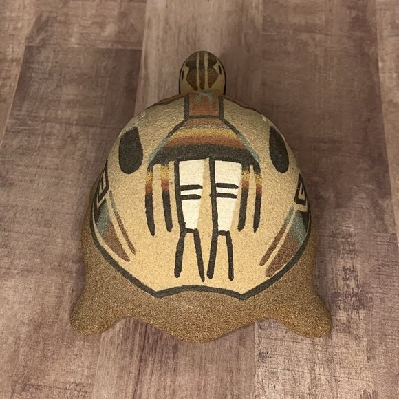Vtg 80s Native Sand Art Painting Turtle Tortoise w Yei Figure Southwest 6” L - Picture 4 of 16